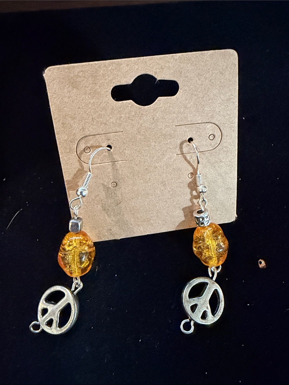 Amber Glass Bead Peace Sign Dangle Earrings - Women Jewelry